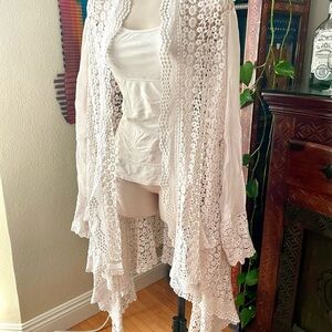 JOHNNY WAS White Floral Crochet, Asymmetrical Jacket Kimono
